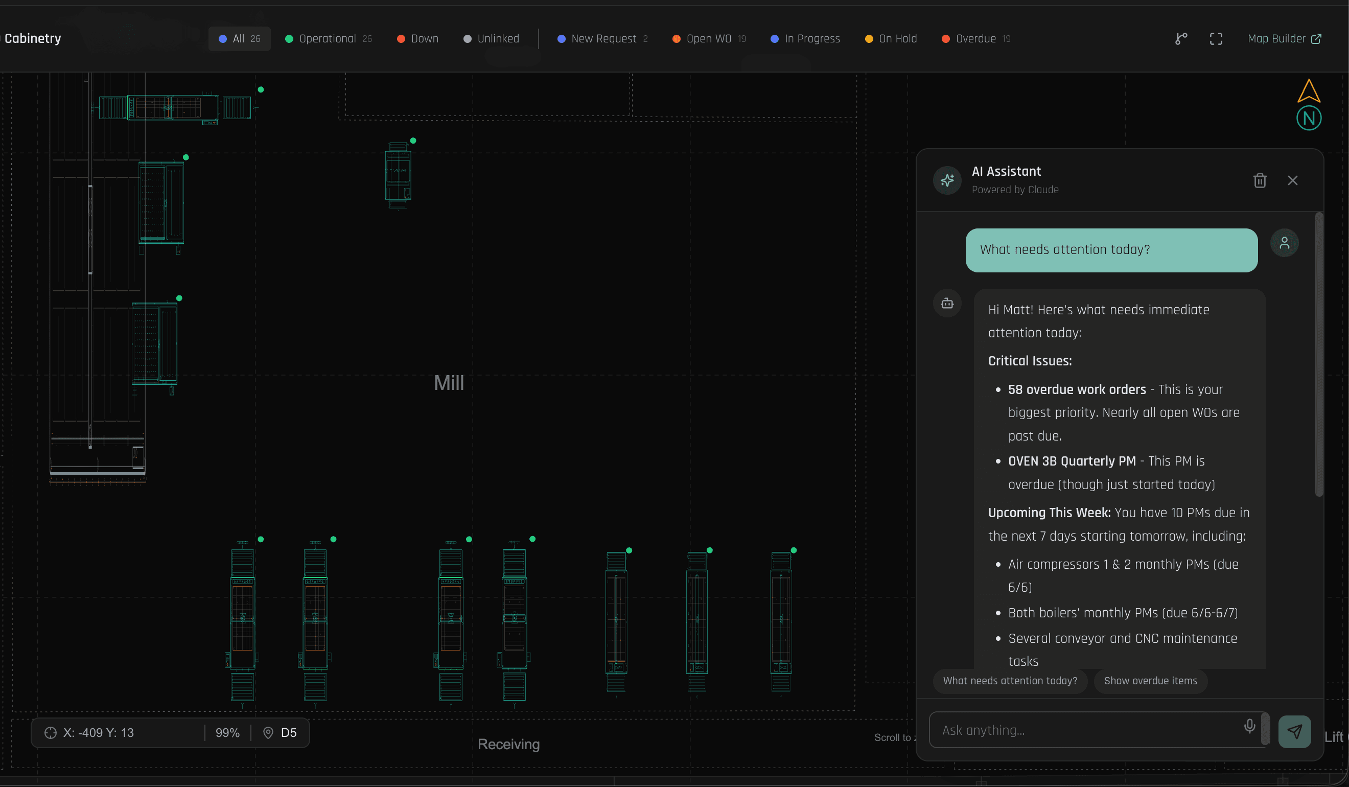 Orion, the assetZ AI assistant, answering a maintenance question grounded in real facility data, shown over the floor plan