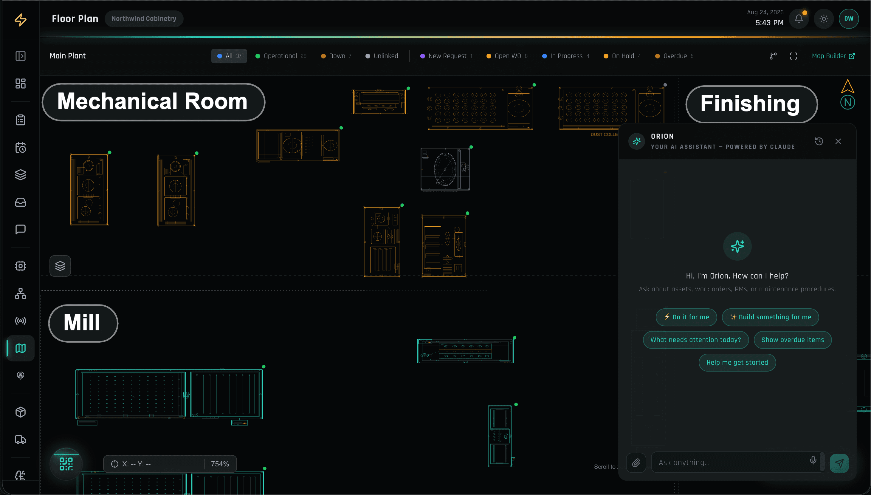Orion, the assetZ AI assistant, answering a maintenance question grounded in real facility data, shown over the floor plan