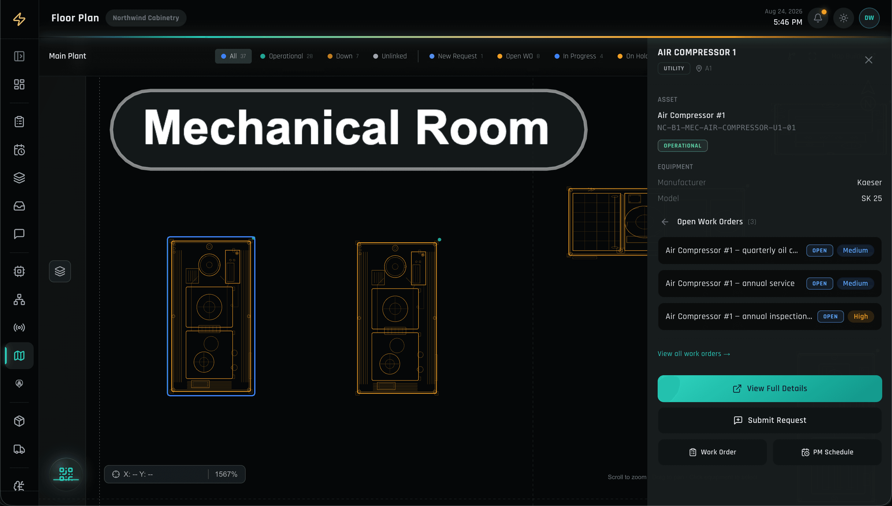 assetZ floor plan with a machine selected — its open work orders, history, and parts shown in the detail panel