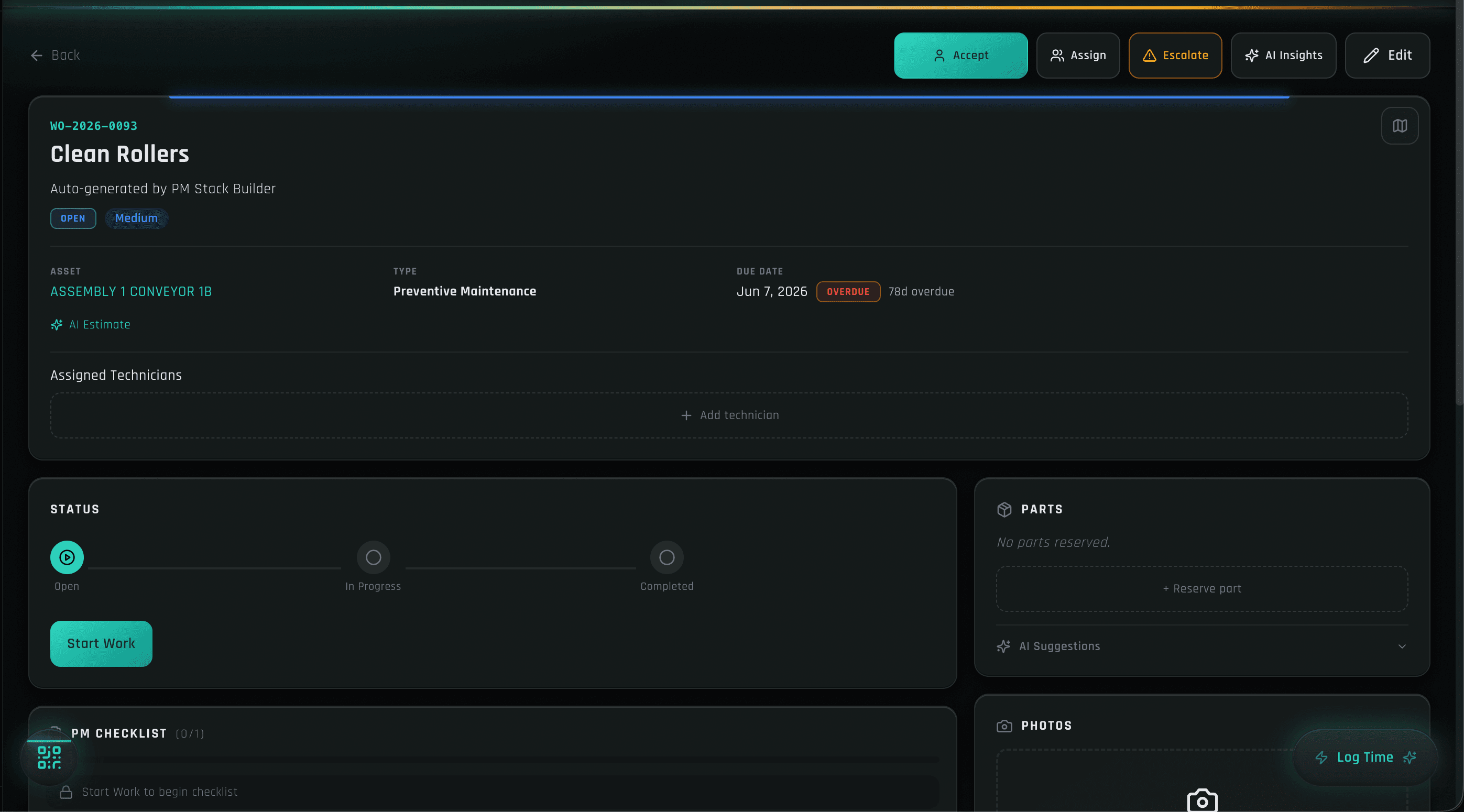 assetZ work order detail — timer, checklist, parts, and history on one screen